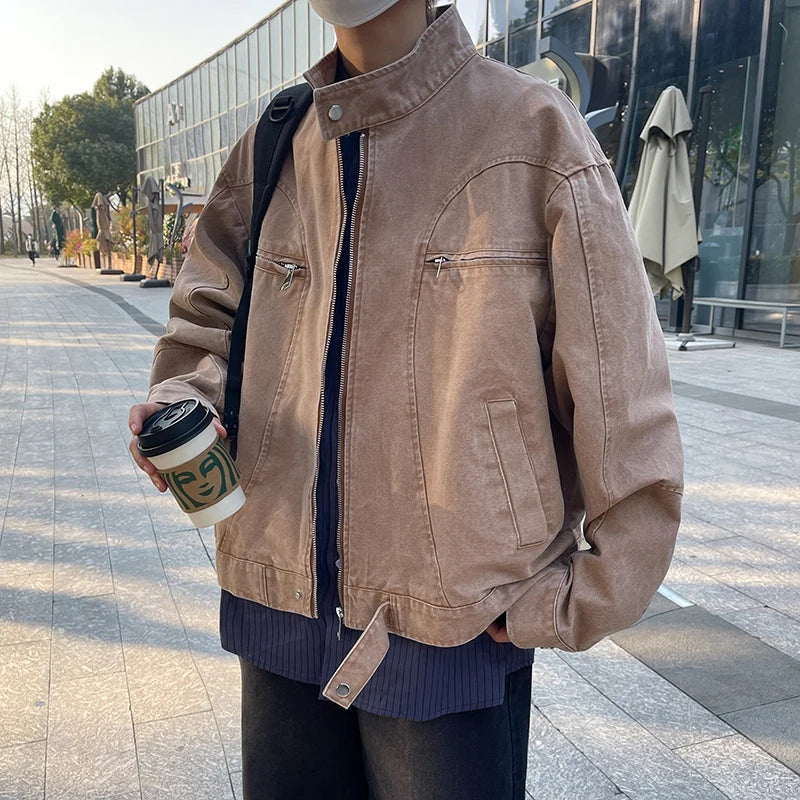 AIDASE  -  New Men Jacket Fashion New Stand Neck Long Sleeve Simple Solid Color Male Coats Personality Versatile Clothes 21E7030 aidase-shop