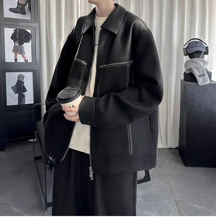 AIDASE  -  Trend Men's Jacket PU Leather Faux Suede Patchwork Design Contrast Color Casual Long Sleeve Lapel Male Coat Tide 21E7100 aidase-shop