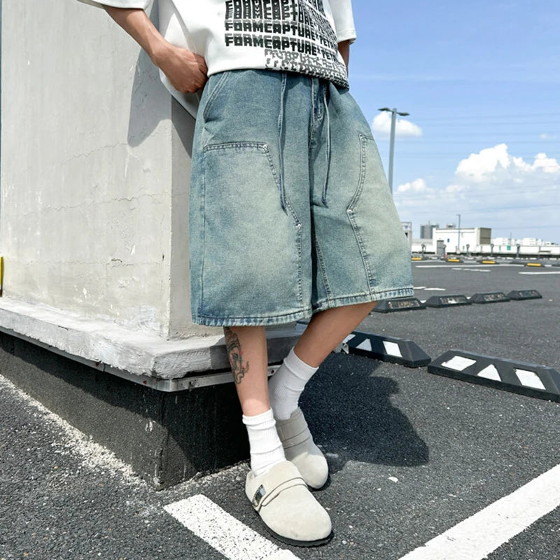 AIDASE  -  Summer New Men's Cargo Denim Shorts Versatile Washed Trendy Fashion Straight-leg Male Pants Loose Casual Clothing 21E6811 aidase-shop