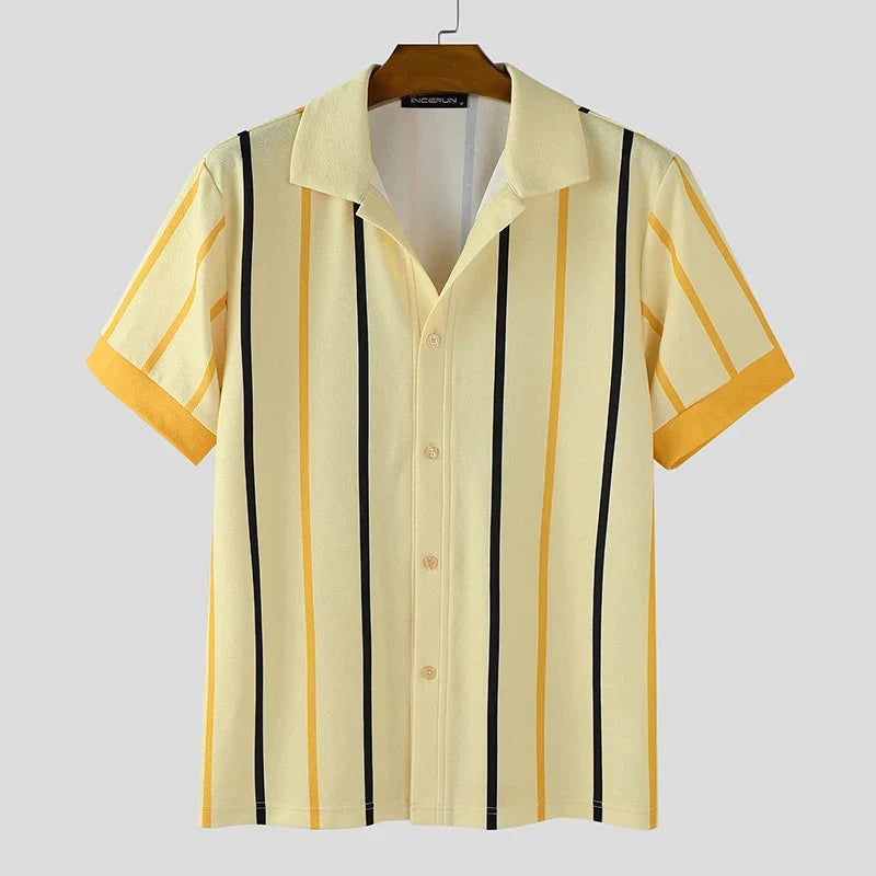 AIDASE  -  Men Striped Shirt Lapel Short Sleeve Summer Streetwear Men Clothing Loose 2025 Fashion Casual Male Shirts Tops S-5XL aidase-shop