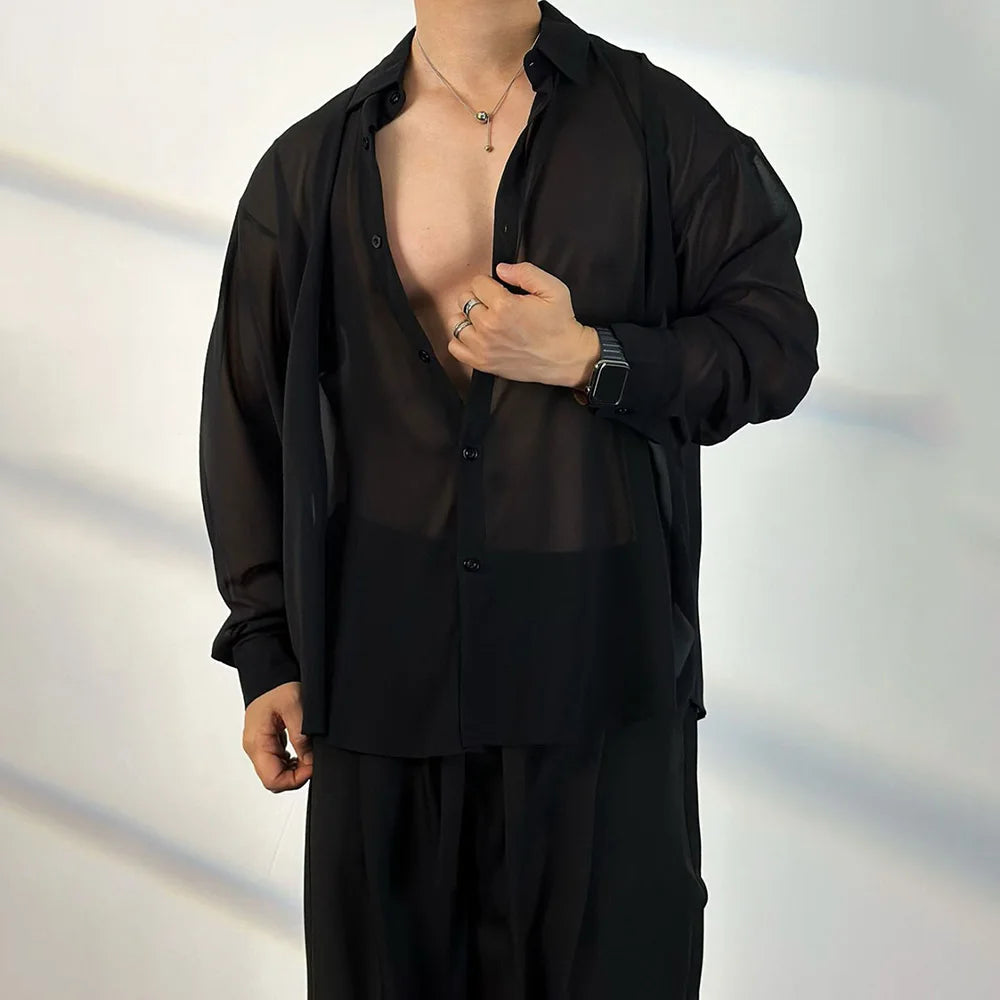 AIDASE  -  Mens Shirt Transparent Sheer Sexy Long Sleeved Shirt Summer Casual Personality Breathable Quick Drying Top Men's Clothing aidase-shop