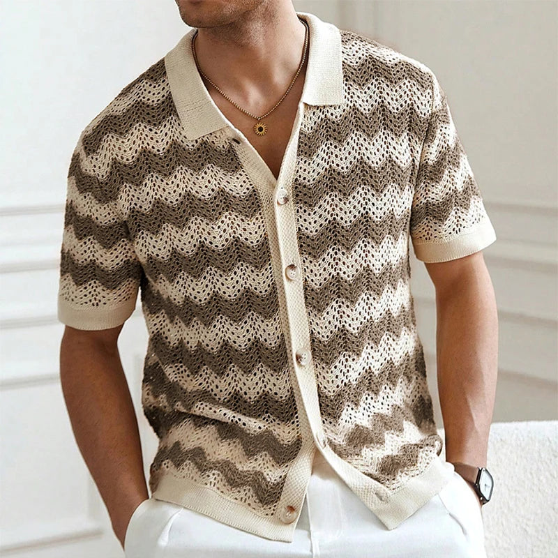 AIDASE  -  Mens Beach Vintage Striped Crochet Knit Cardigans Men Summer Trendy Lapel Button-up Shirt New Casual Hollow Out Knitted Shirts aidase-shop