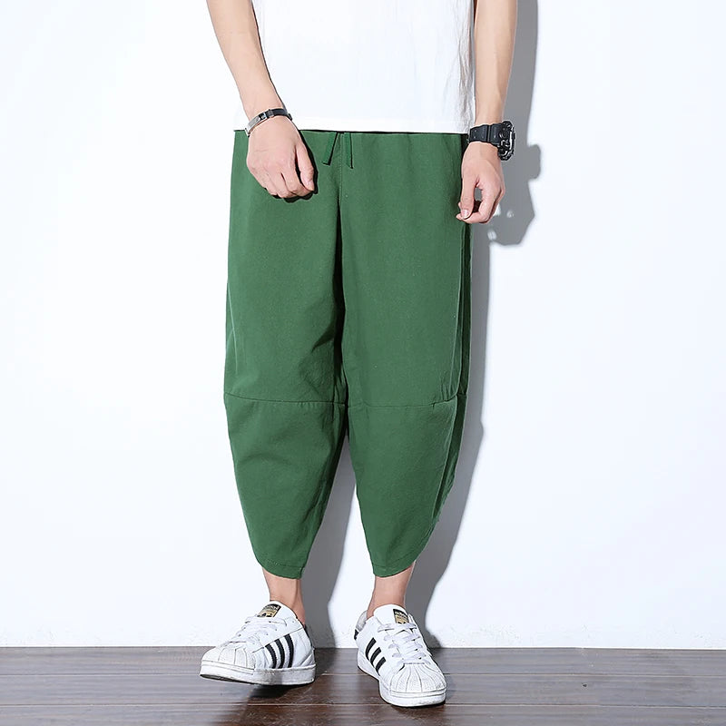 Aidase Summer Calf Length Pants Men Casual Loose Chinese Style Elastic Waist Linen Pant Man aidase-shop