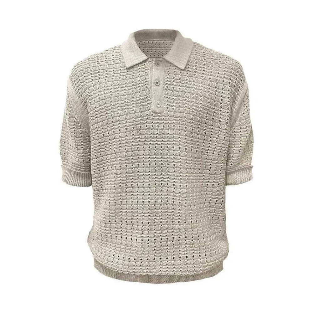 AIDASE  -  Men's Solid Color Hollow Knitted Short-Sleeved T-Shirt American Retro Fashion Trend Loose Casual Breathable Summer Men's Tops aidase-shop