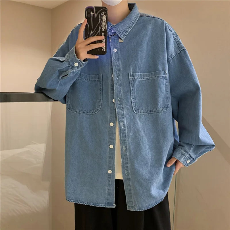 AIDASE  -  Denim Long-sleeved Shirt Men's Solid Color Autumn Korean Style Trendy Simple Shirt Hong Kong Style Loose and Handsome Ins Jacket aidase-shop