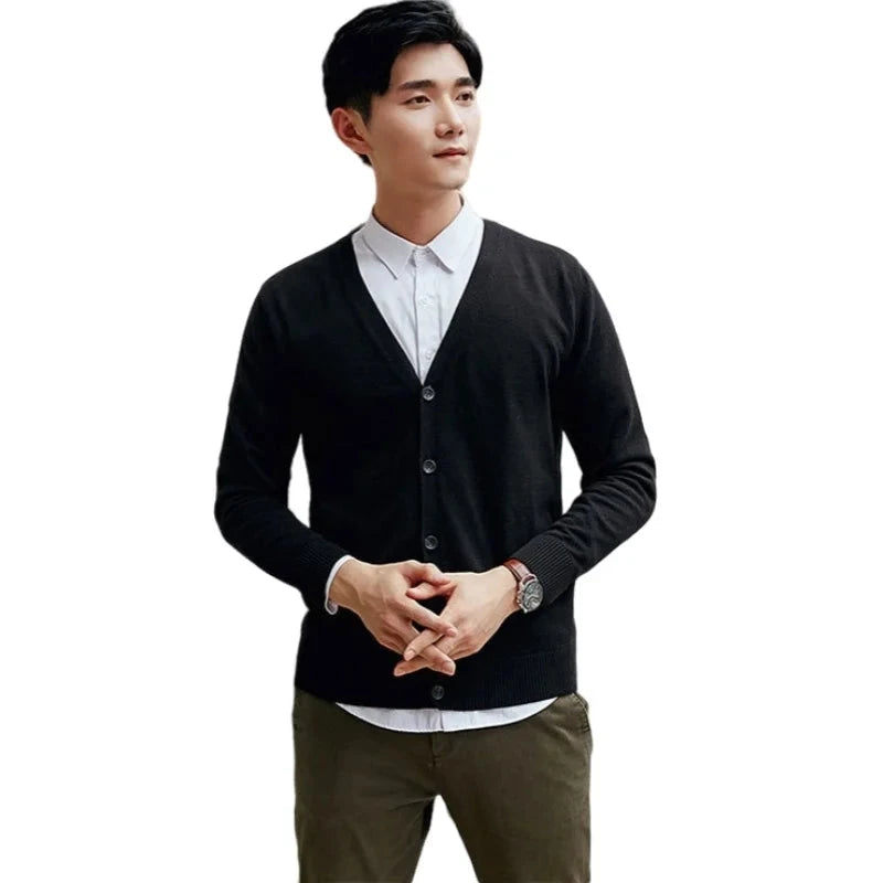 AIDASE  -  M-4XL Autumn Men's Knitted Cardigan Thin V-neck Basic Elastic Slim Fit Thin Sweater Solid Color Casual Versatile Coat aidase-shop