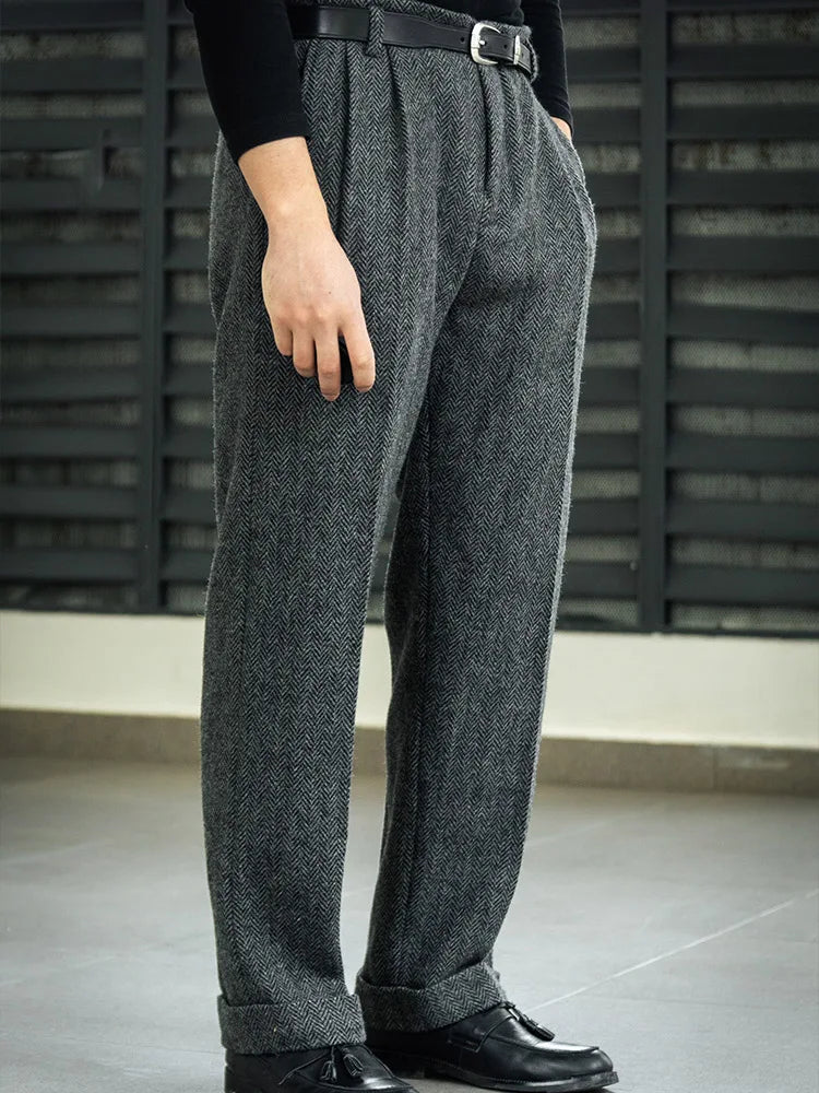 Aidase American retro Hollywood waist wool tweed casual pants Hollywood classic loose fitting straight leg pants aidase-shop