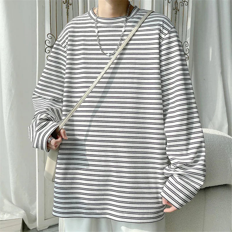 AIDASE  -  Spring Autumn Striped T-Shirts Men Round Neck Long Sleeve Loose Casual Tshirt Male Streetwear Tees Fashion Tops Plus Size aidase-shop