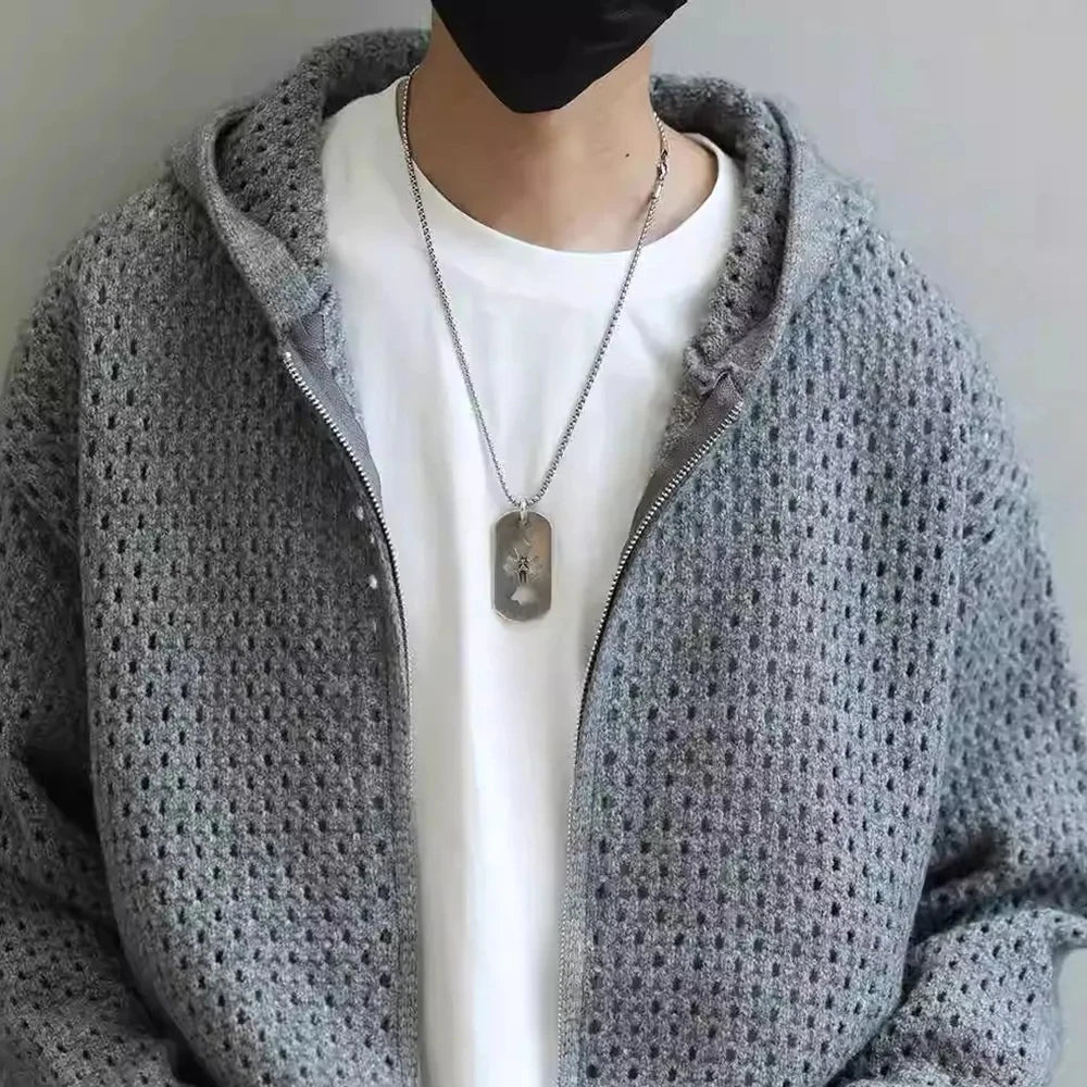 AIDASE  -  Y2K Mens Hollow Solid Color Knitted Breathable Hooded Sweater Autumn Student Campus Trend Japanese Outerwear Men's Clothing aidase-shop