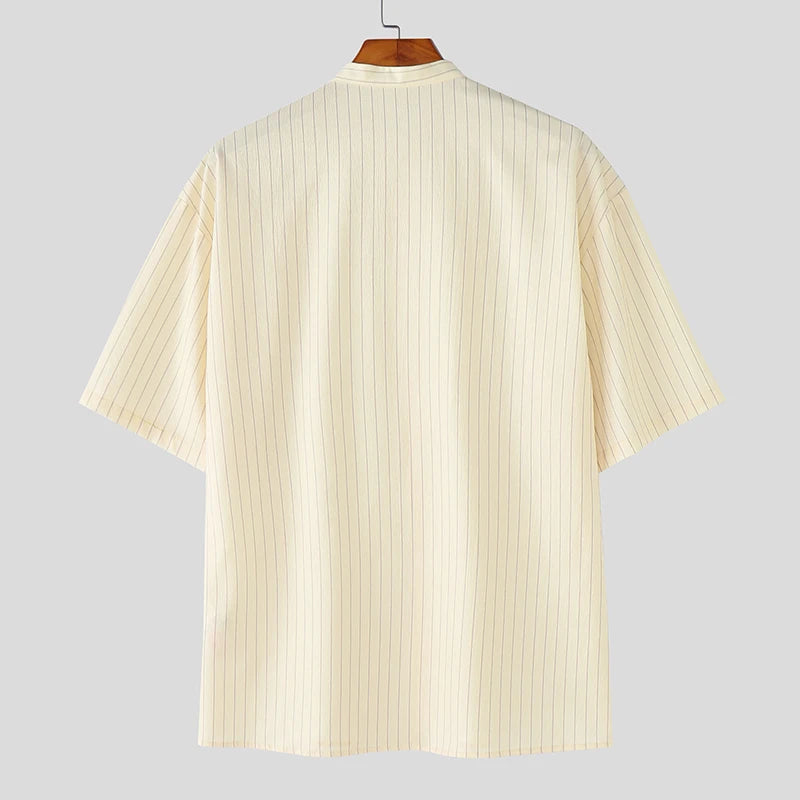 AIDASE  -  Men Striped Shirt Stand Collar Short Sleeve Button Loose Men Clothing Summer Streetwear 2025 Fashion Casual Male Shirts aidase-shop