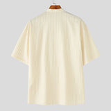 AIDASE  -  Men Striped Shirt Stand Collar Short Sleeve Button Loose Men Clothing Summer Streetwear 2025 Fashion Casual Male Shirts aidase-shop