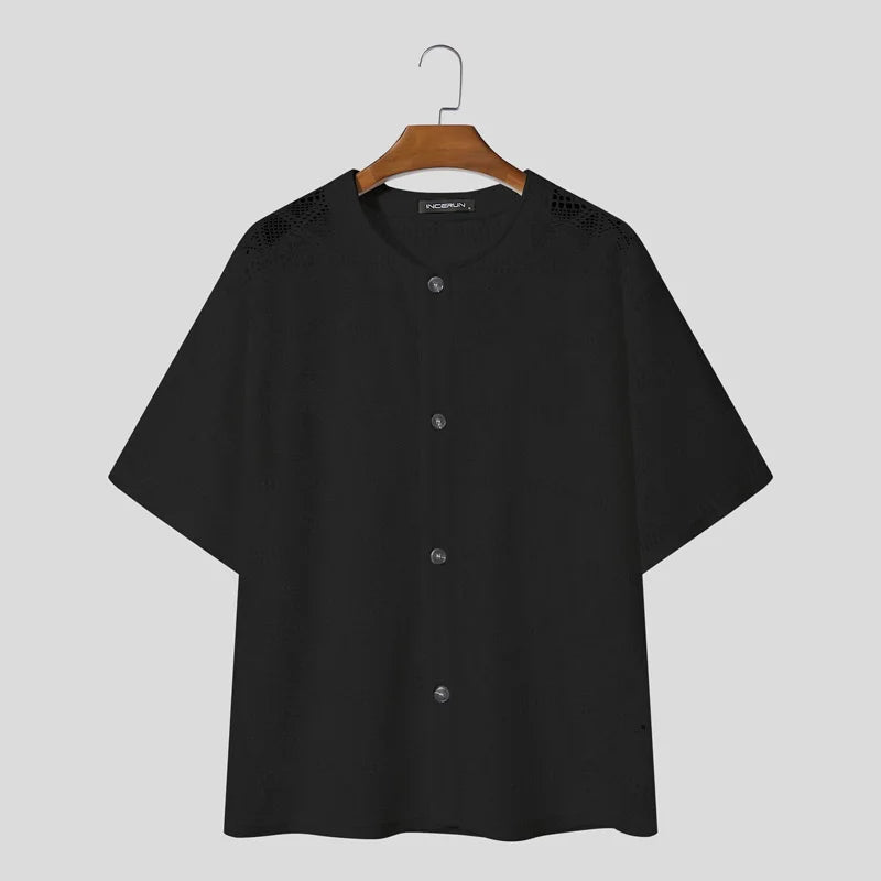 AIDASE  -  2025 Men Shirt Lace See Through Sexy O-neck Short Sleeve Button Male Tops Shirts Streetwear Sexy Men Clothing Summer aidase-shop