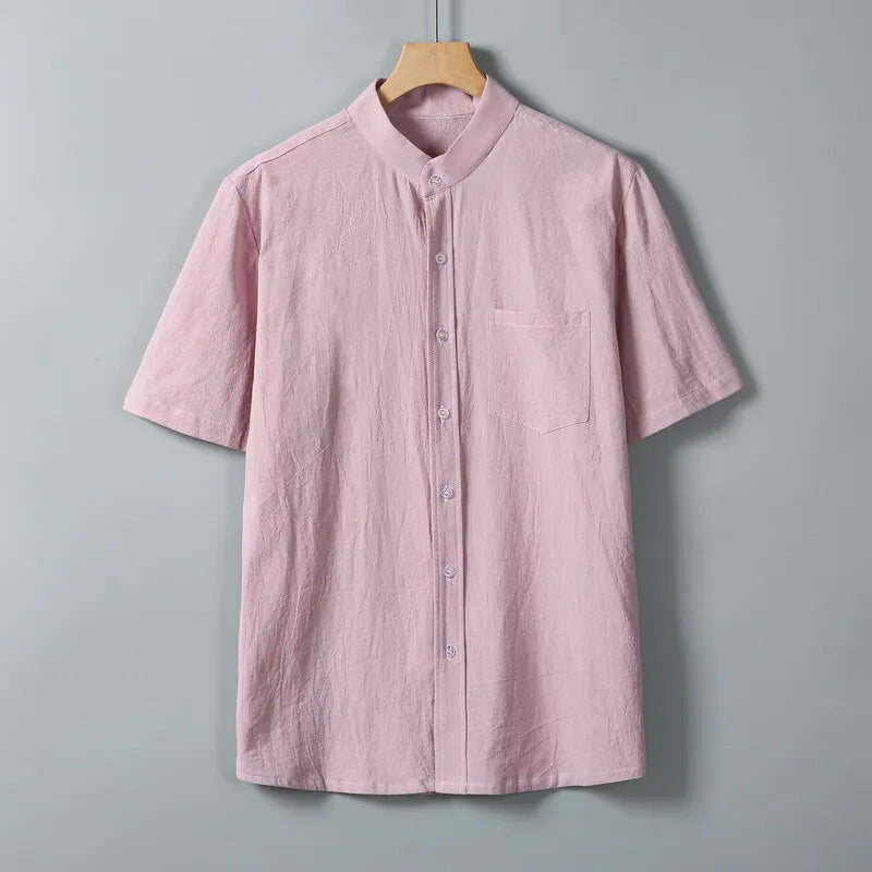 AIDASE  -  Summer Short Sleeve Cotton Linen Shirts Men Solid Casual Stand Collar Shirt Male Breathable Loose Daily Blouse Tops Plus Size aidase-shop