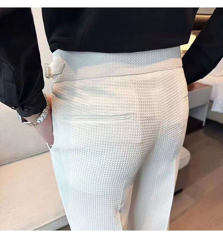Aidase Fashion Slim Fit Waffle Pencil Pants Men Naples Suit Pant High Waist Button Business Casual Trousers High Quality Korean Pants aidase-shop