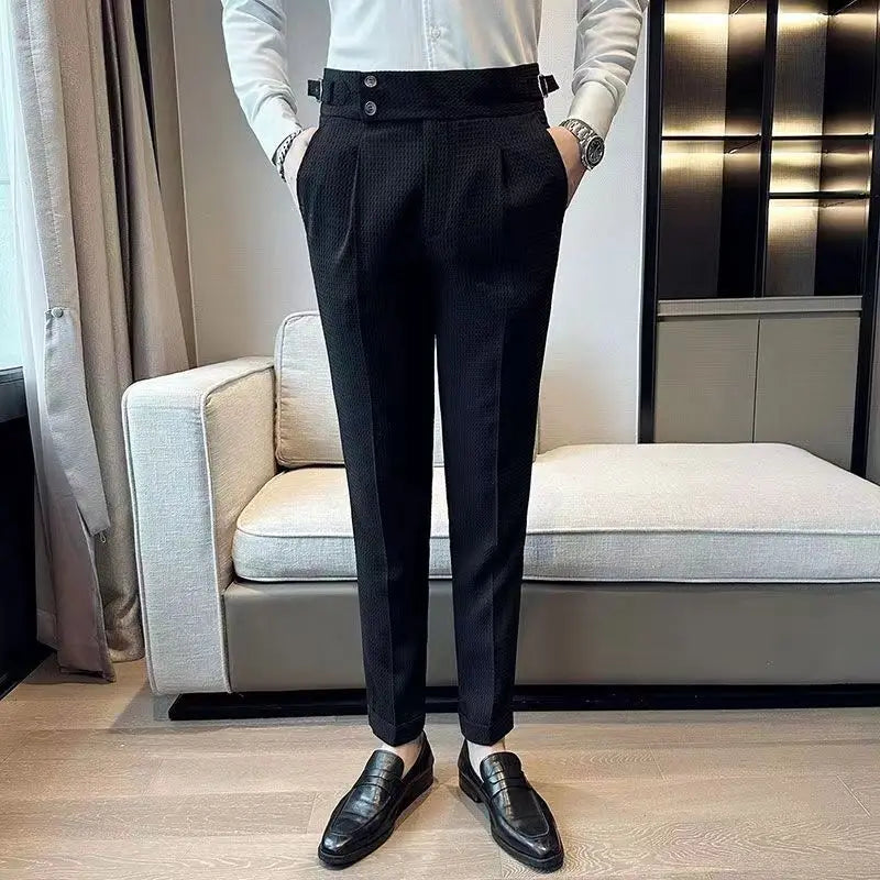 Aidase Fashion Slim Fit Waffle Pencil Pants Men Naples Suit Pant High Waist Button Business Casual Trousers High Quality Korean Pants aidase-shop