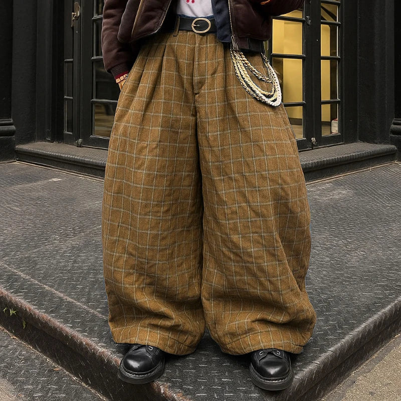 AIDASE  -  Men Pants Plaid Button Joggers Loose Casual Wide Leg Trousers Men Streetwear 2025 Pleated Oversize Fashion Long Pants aidase-shop