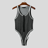 AIDASE  -  Men Bodysuits Lace Striped Patchwork O-neck Button Sleeveless Male Rompers Sexy 2025 Skinny Fashion Cozy Bodysuit Men aidase-shop