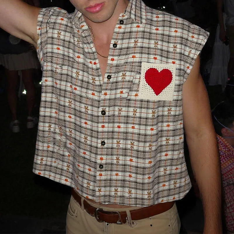 AIDASE  -  Men Shirt Plaid Patchwork Lapel Sleeveless Loose Male Shirts Summer Cotton Steetwear 2025 Casual Men Clothing Vacation aidase-shop