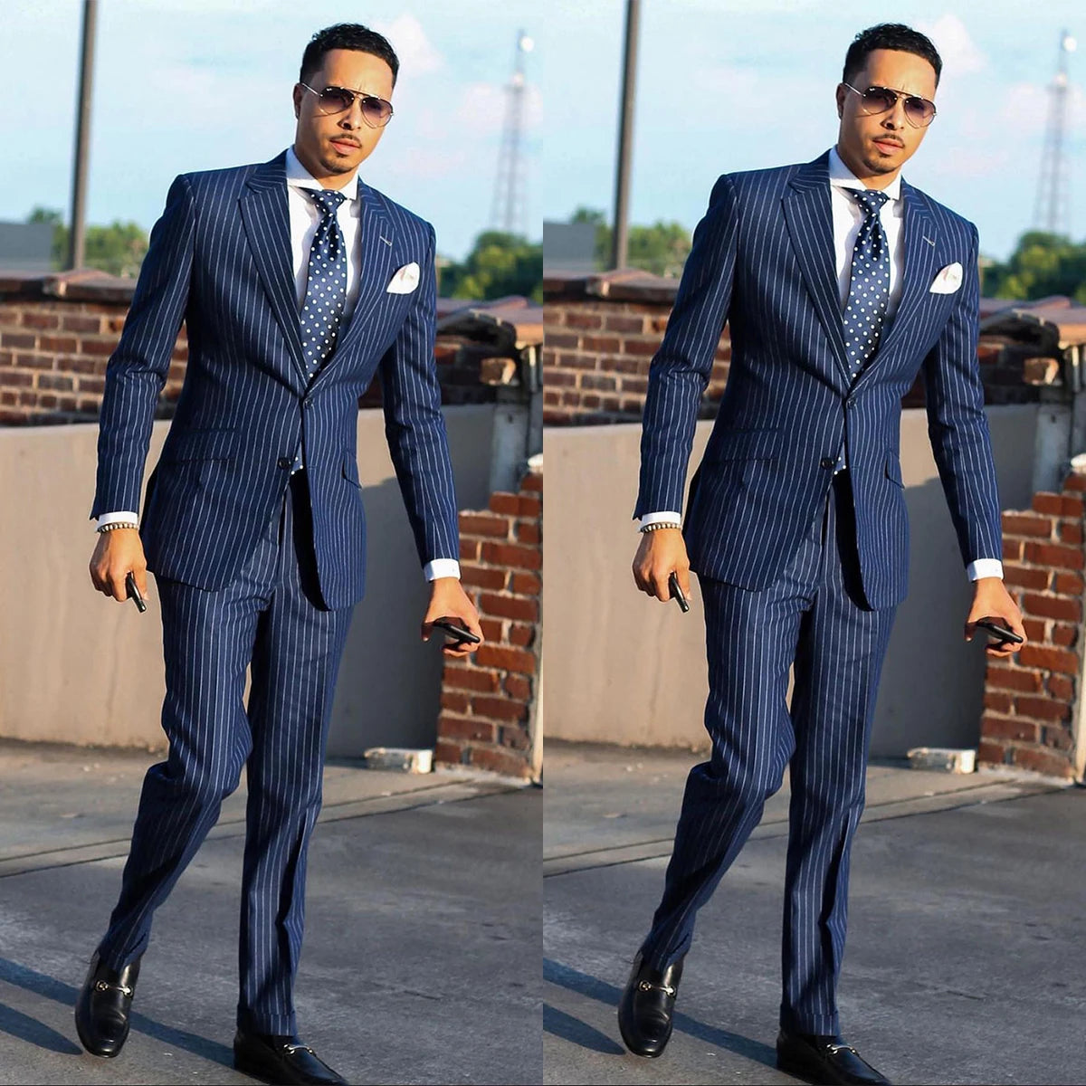 Aidase Navy Men's Suit 2 Pieces Blazer Pants Single Breasted Peaked Lapel Formal Pinstripes Wedding Groom Formal Tailored Costume Homme aidase-shop