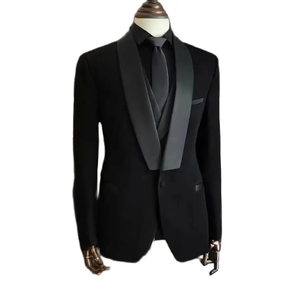 Aidase Black Men's Suits Shawl Lapel Single Breasted One-Button Elegant 3 Piece Jacket Pants Vest Slim Fit Formal Party Business Blazer aidase-shop