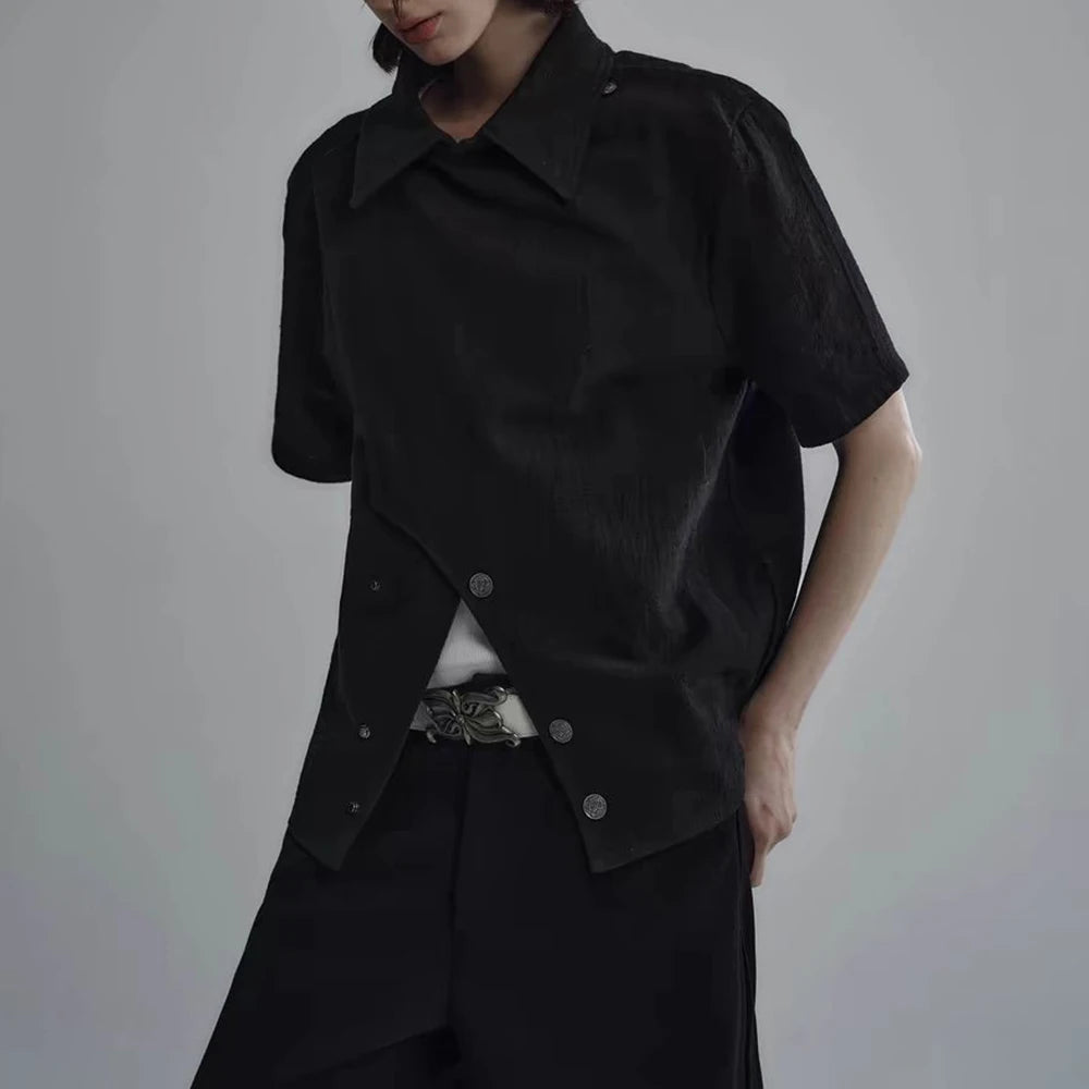 AIDASE  -  Summer Men's Solid Color Irregular Short-Sleeved Shirt American Retro Fashion Trend Street Loose Casual Breathable Men's Tops aidase-shop