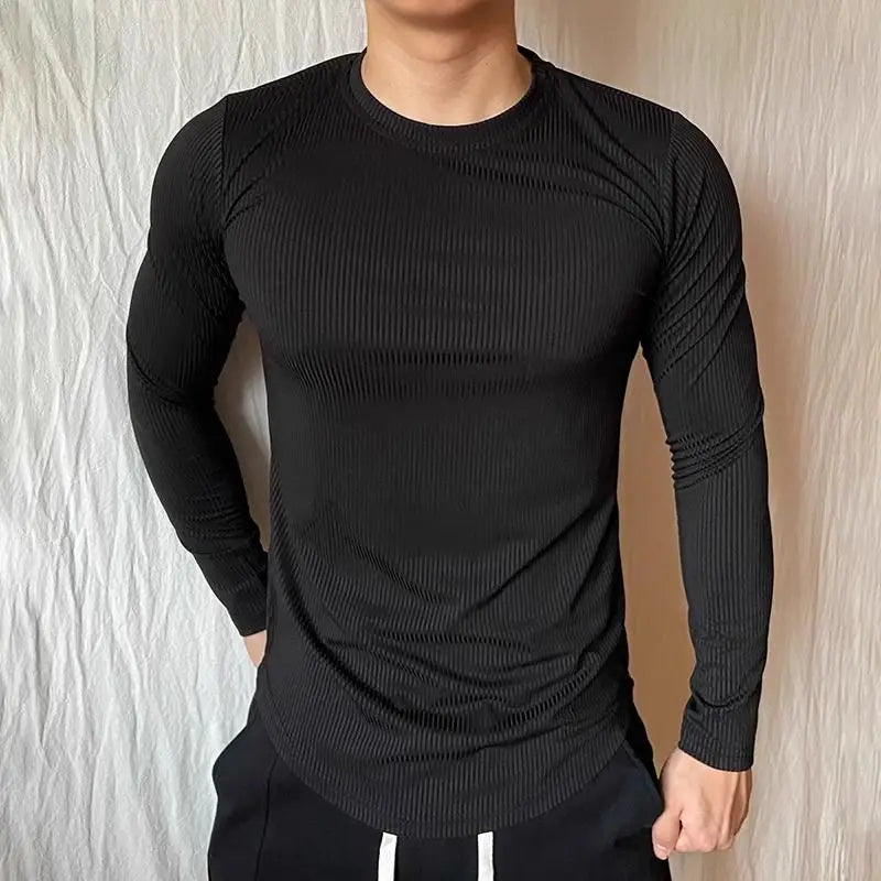 AIDASE  -  Sports Long-sleeved T-shirt Fitness Tights Slim Elastic Striped Round Neck Casual aidase-shop