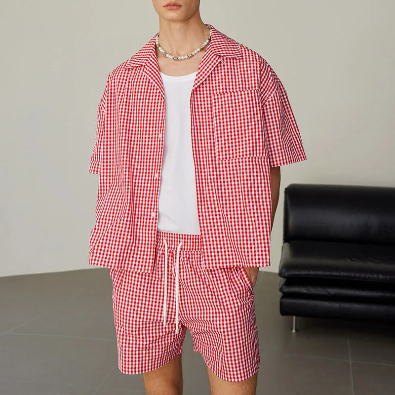 AIDASE  -  Men Plaid Sets Summer Vacation Streetwear Lapel Short Sleeve Shirt & Shorts 2PCS 2025 Loose Fashion Men's Casual Suits aidase-shop