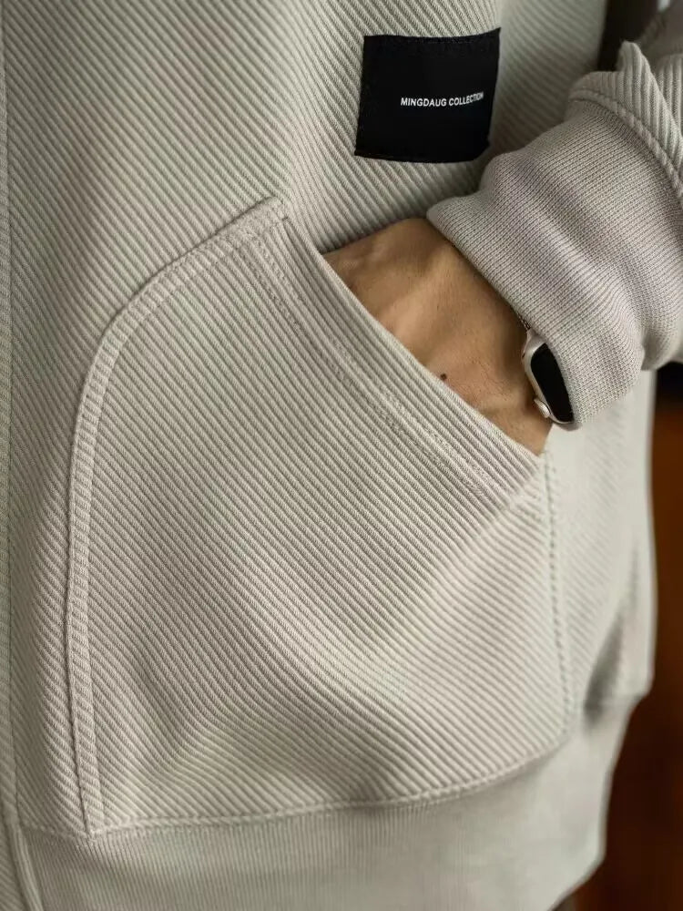 AIDASE  -  European Large V-neck Work Jacket Men's Twill Texture Elastic Long-sleeved Sweatshirt Cardigan Casual Commuting aidase-shop