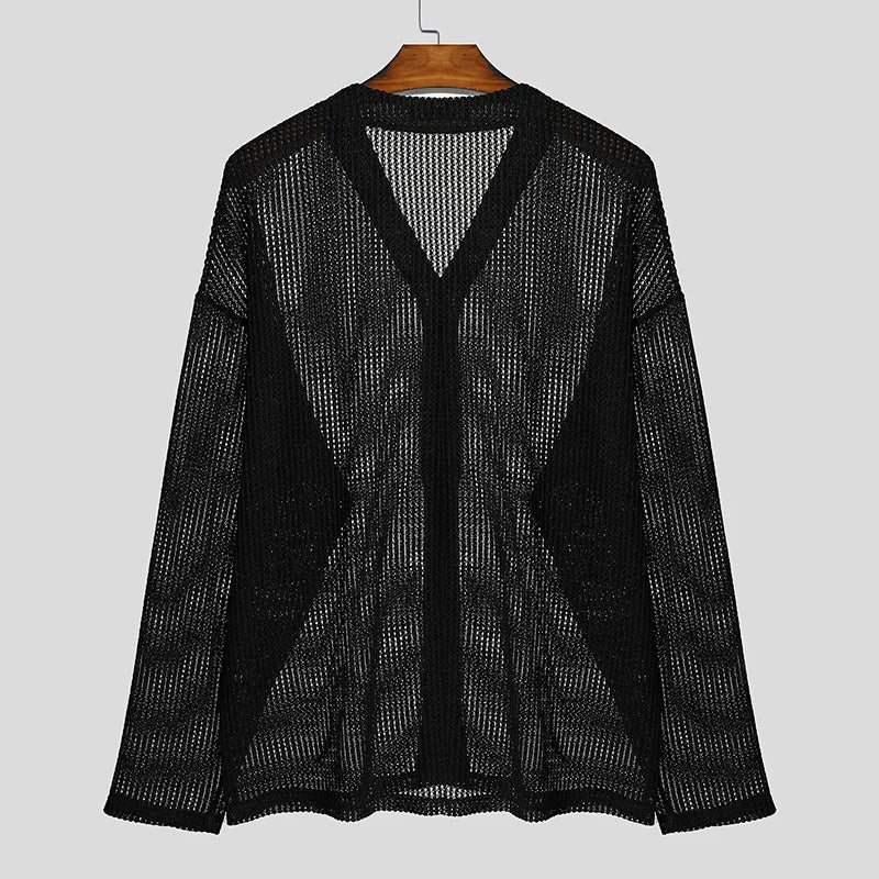 AIDASE  -  Men Shirt Hollow Out See Through V Neck Long Sleeve Men Clothing Streetwear Solid 2025 Loose Tops Casual Male Shirts aidase-shop