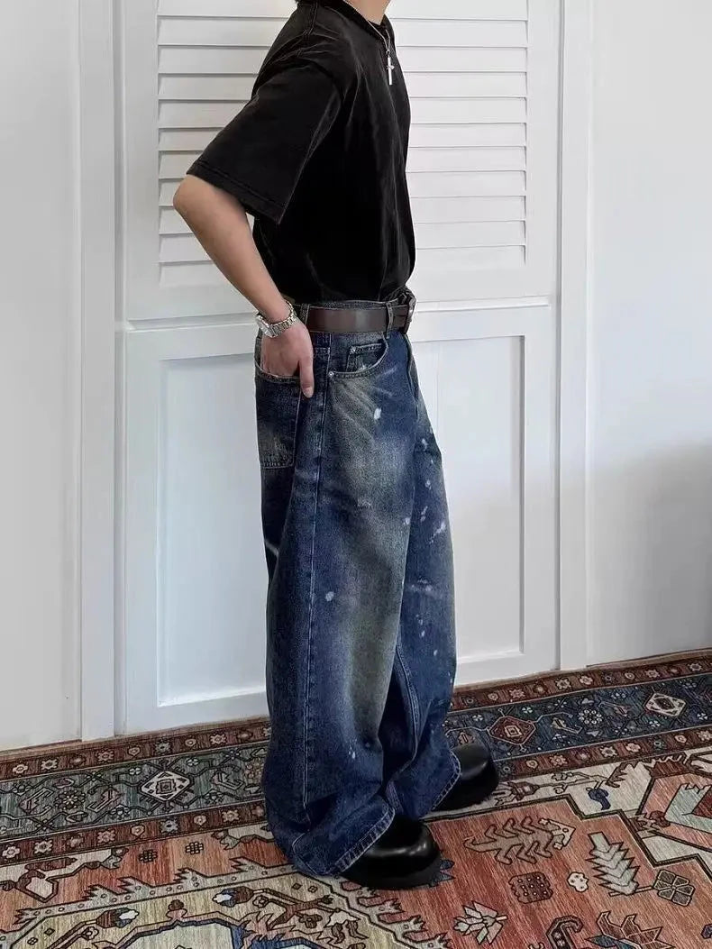 AIDASE  -  Vintage Men's Jeans Loose Ink Splash Wide-Leg Design Stylish Straight-Leg Denim Pants 2025 Autumn New Clothing 21E7640 aidase-shop