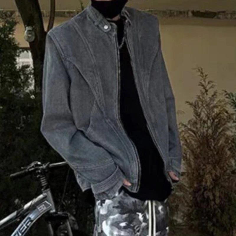 AIDASE  -  Fashion Men's Denim Jacket Personality Patchwork Design Stand Collar Long Sleeve Male Coats Zipper Tide Outerwear 21E7000 aidase-shop