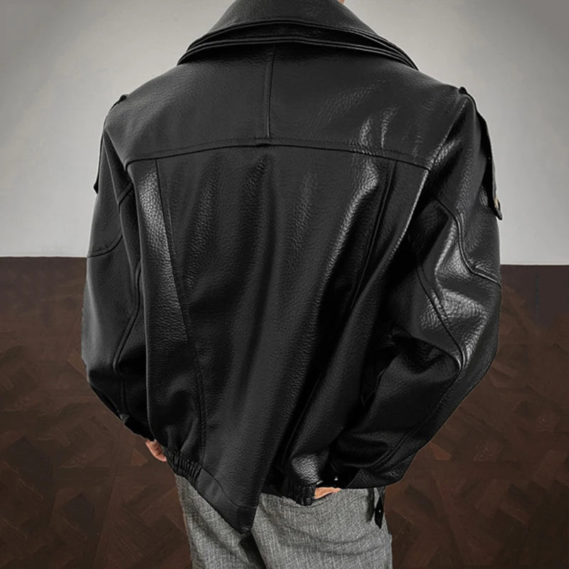 AIDASE  -  Men's PU Leather Jacket 2025 Autumn New Lychee Pattern Double Layer Collar Design Long Sleeve Fashion Male Coats 21E7549 aidase-shop