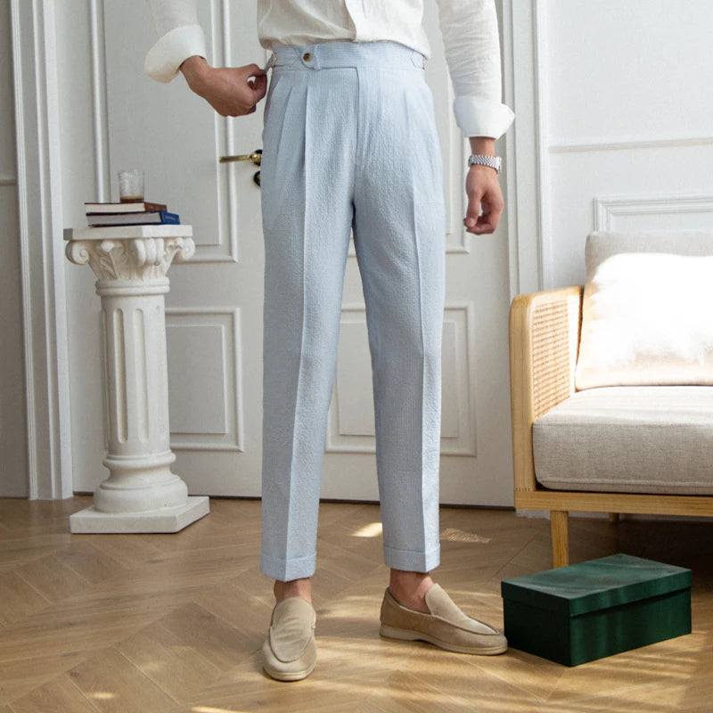 Aidase 2024 Spring Seersucker High Waist Straight Pants British Petty Bourgeoisie Blue Stripe Italian Casual Trousers Men aidase-shop