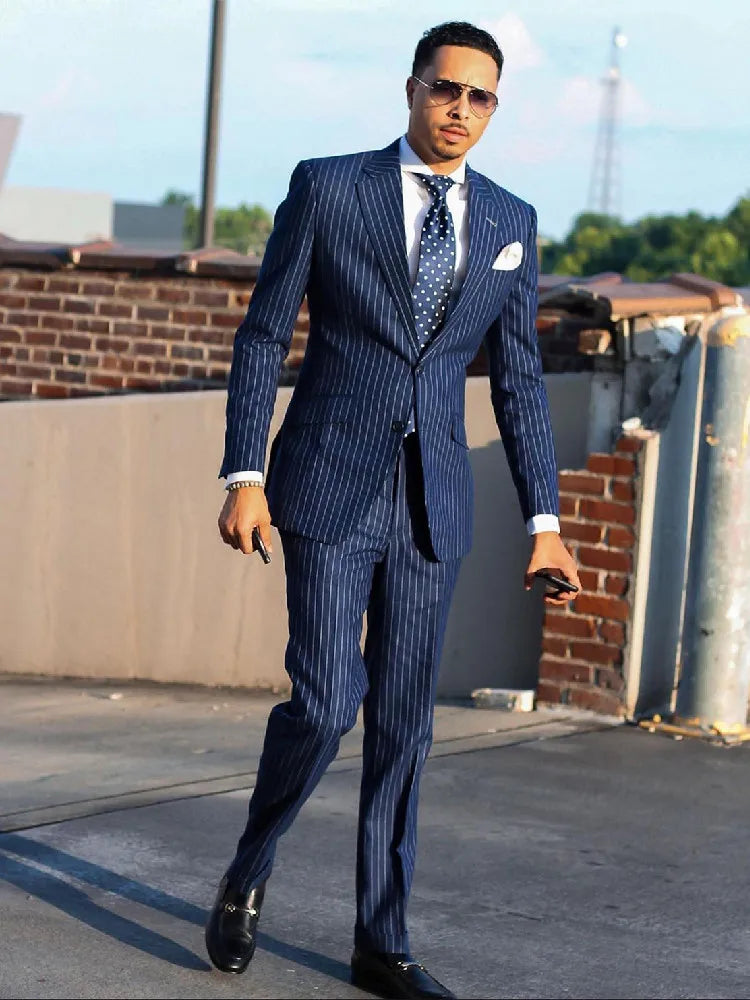 Aidase Navy Men's Suit 2 Pieces Blazer Pants Single Breasted Peaked Lapel Formal Pinstripes Wedding Groom Formal Tailored Costume Homme aidase-shop
