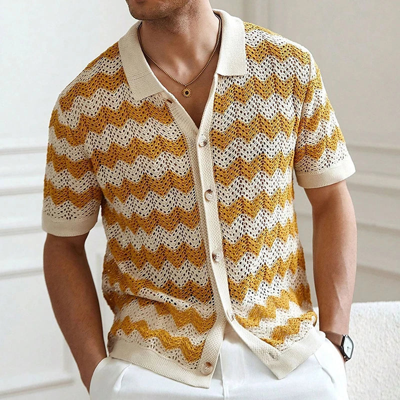 AIDASE  -  Mens Beach Vintage Striped Crochet Knit Cardigans Men Summer Trendy Lapel Button-up Shirt New Casual Hollow Out Knitted Shirts aidase-shop