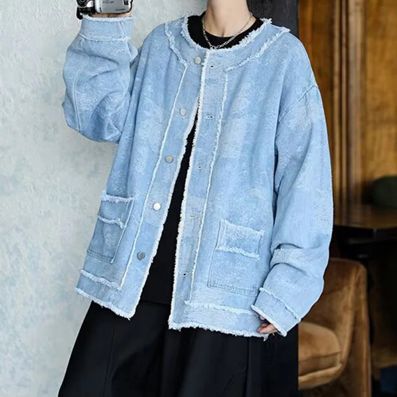 AIDASE  -  Trendy Men Denim Jacket American Style Fashion Full Print Jacquard Design Raw Edge Long Sleeve Round Neck Coats 21E7627 aidase-shop