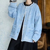 AIDASE  -  Trendy Men Denim Jacket American Style Fashion Full Print Jacquard Design Raw Edge Long Sleeve Round Neck Coats 21E7627 aidase-shop