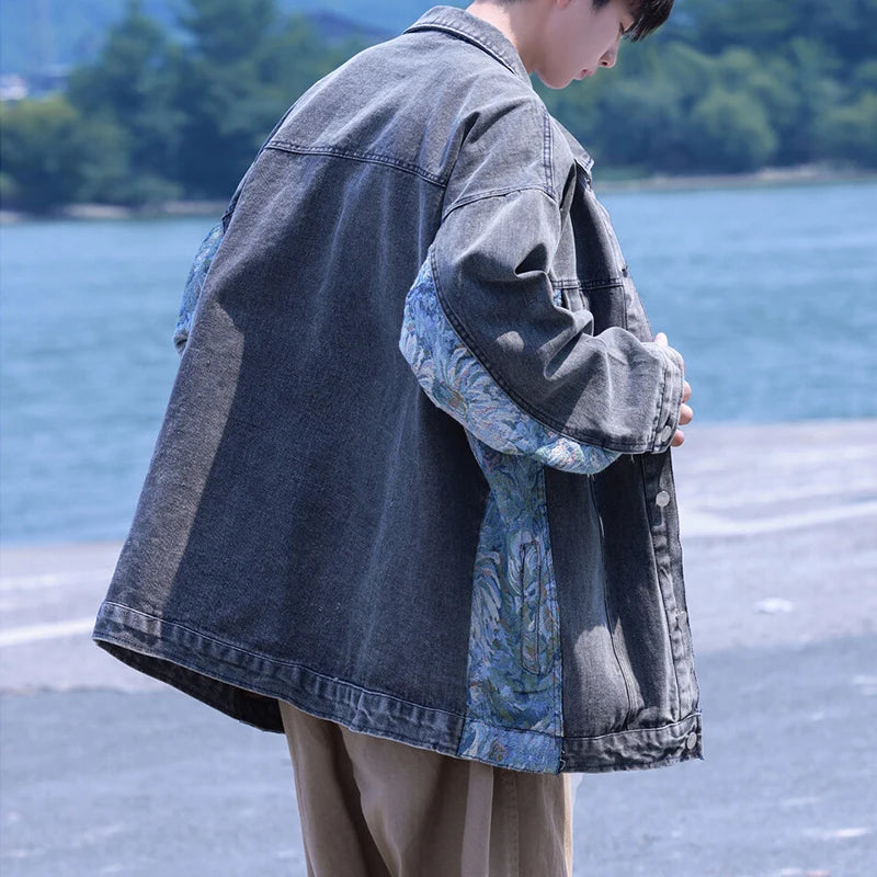 AIDASE  -  Trend Men Denim Jacket Coat Embroidered Patchwork Design Loose Long Sleeve Lapel Single-breasted Casual Menswear 21E6600 aidase-shop