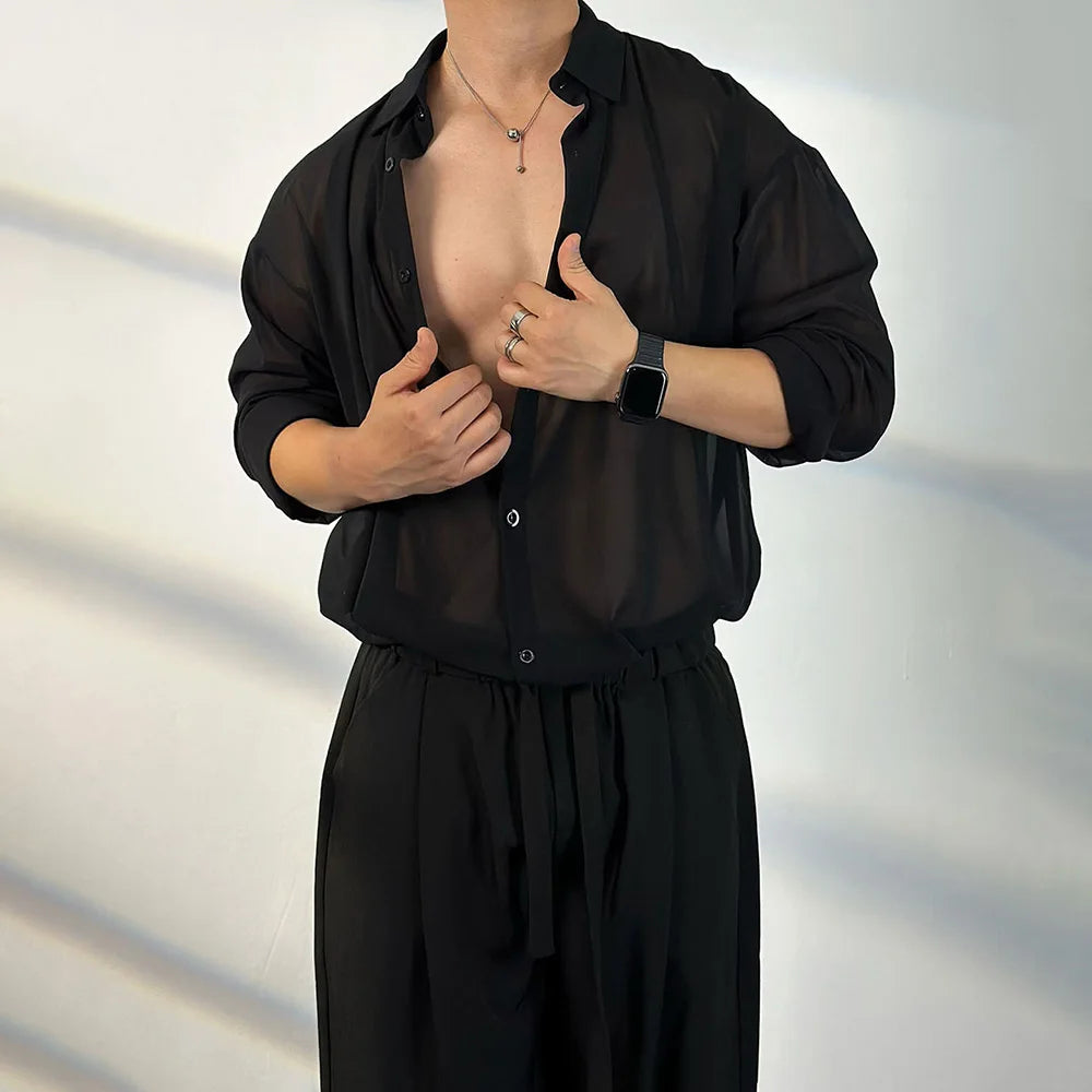 AIDASE  -  Mens Shirt Transparent Sheer Sexy Long Sleeved Shirt Summer Casual Personality Breathable Quick Drying Top Men's Clothing aidase-shop