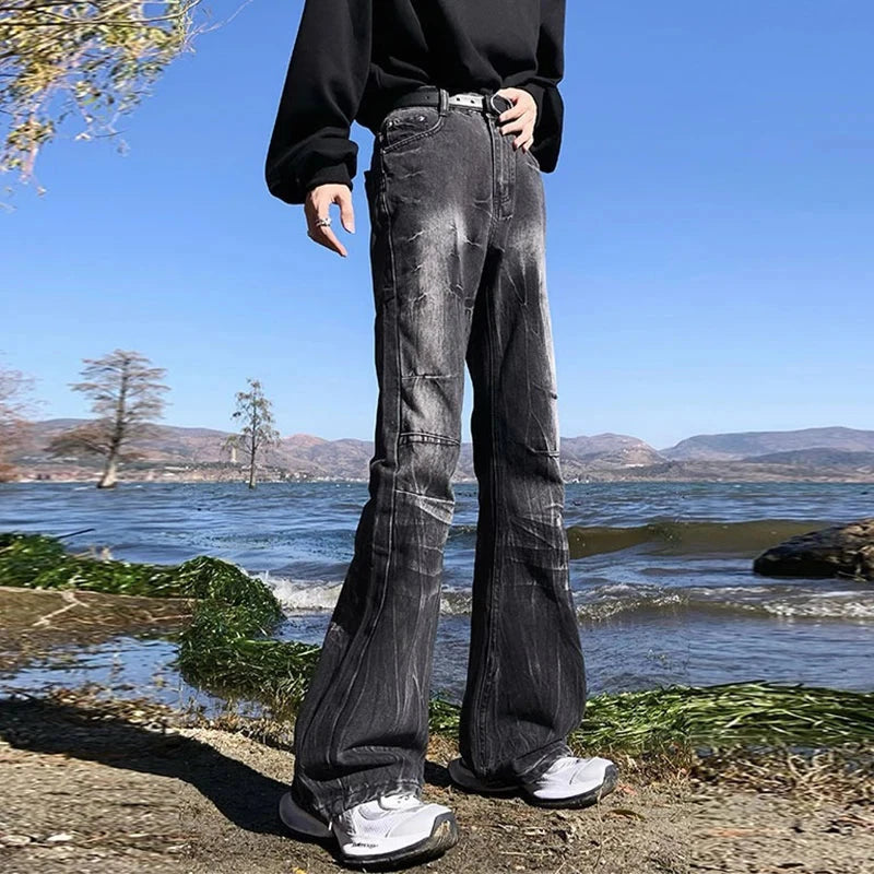 AIDASE  -  Vintage Male Jeans Wrinkled Lightning Pattern Washed Design Layered Slightly Flared Men's Denim Pants Fashion New 21E7545 aidase-shop