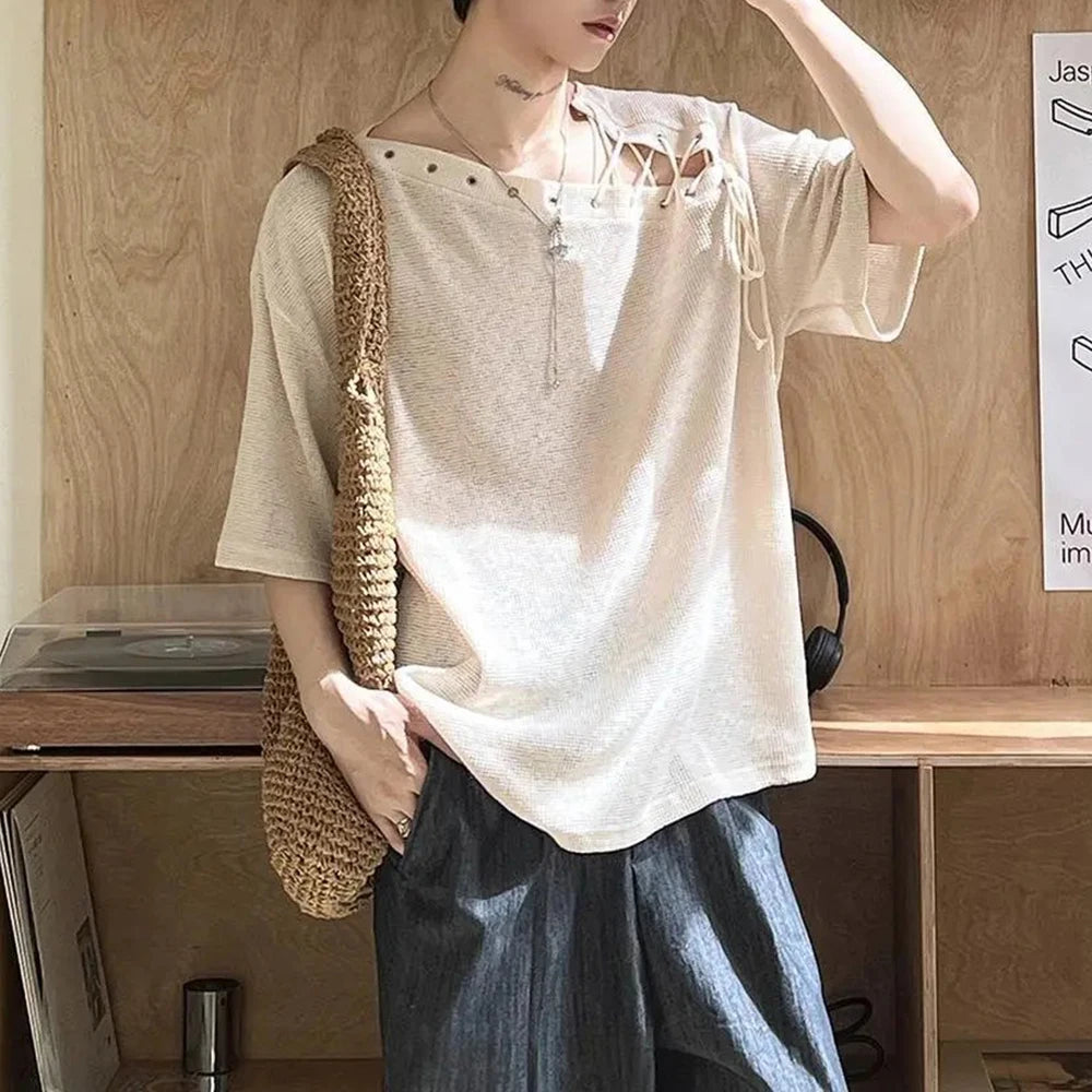 AIDASE  -  Men's Solid Color Short-Sleeved T-Shirt With Straps American Retro Fashion Trend Street Loose Breathable Niche Summer Men's Tops aidase-shop