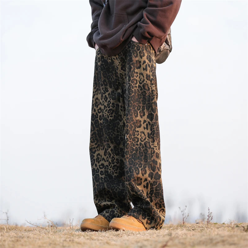Aidase Leopard Print Jeans Men Fashion Retro Wide Leg Jeans Men Streetwear Hip-hop Loose Straight Jeans Mens Vintage Denim Trousers aidase-shop