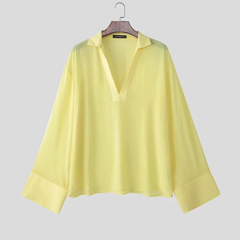 AIDASE  -  Men T Shirt Solid Color V Neck Long Sleeve Loose Casual Male Tee Tops 2025 Streetwear Translucent Fashion Men Clothing aidase-shop