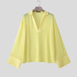 AIDASE  -  Men T Shirt Solid Color V Neck Long Sleeve Loose Casual Male Tee Tops 2025 Streetwear Translucent Fashion Men Clothing aidase-shop