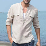 AIDASE  -  A Large Number of Spot 2025 Cross-border Foreign Trade Amazon Men's Cotton Linen Casual Long-sleeved Shirts with Pockets Shirts aidase-shop