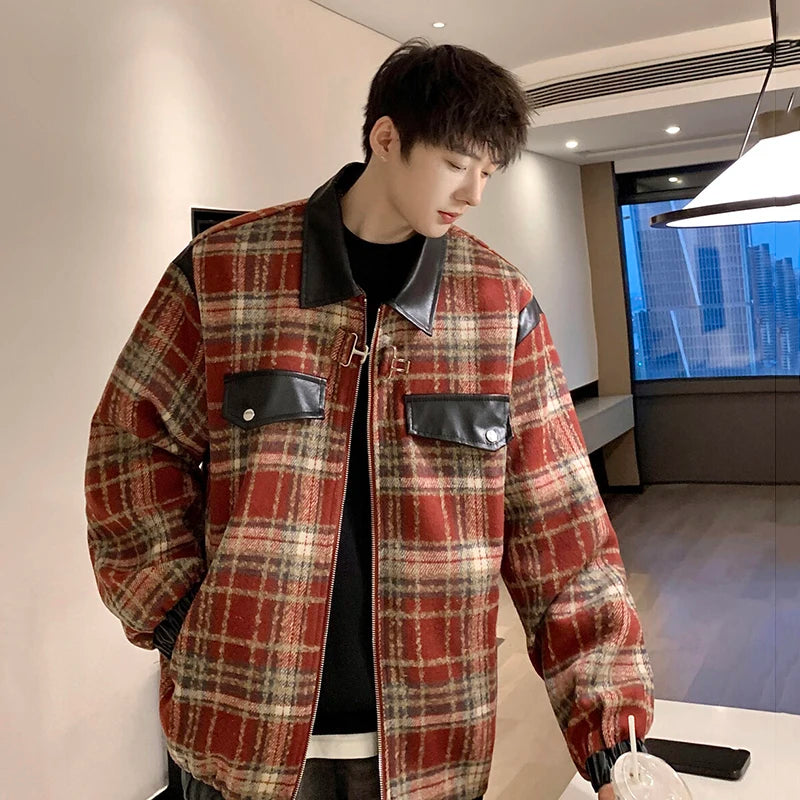 AIDASE  -  New Male Jacket Coats PU Leather Patchwork Lapel Zipper Casual Trendy Menswear Niche Design Handsome Men Tops 21E6679 aidase-shop