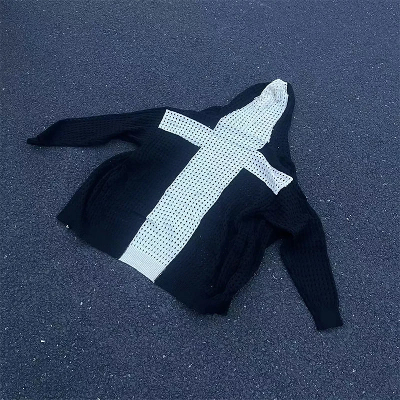 AIDASE  -  Mens Clothing Cross Hollow Wool Knit Hooded Shoulder High Street Loose Sweater Hoodie Zipper Jacket Autumn/Spring ropa hombre aidase-shop