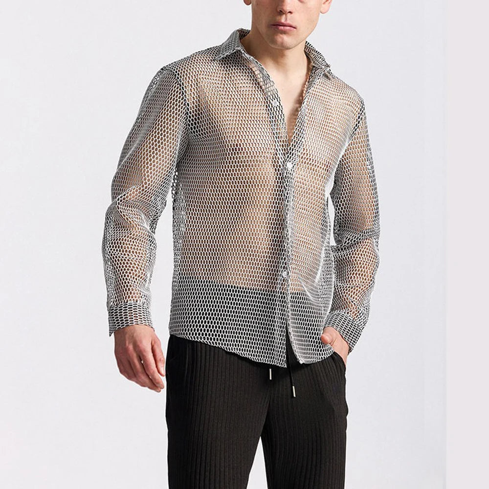 AIDASE  -  Mens Shirt Hollow Ballroom Nightclub Sexy Shirt Streetwear Fashion Youth Outdoor Niche Long-Sleeved Top Men'S Clothing 2025 New aidase-shop