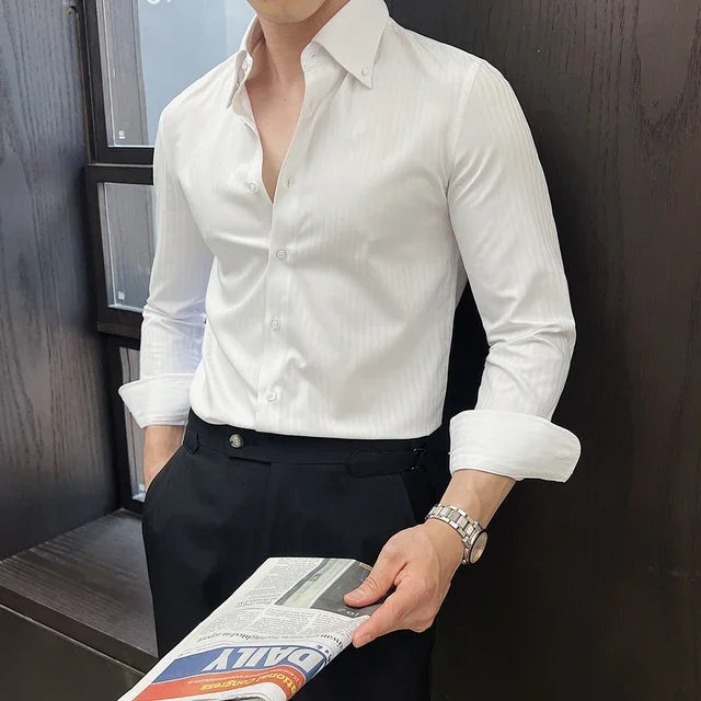Aidase Men's New Long Sleeve Dark Stripes, Business Casual Lapels Top, Navy Blue Gentleman Banquet Shirt, Non-Ironing Treatment aidase-shop