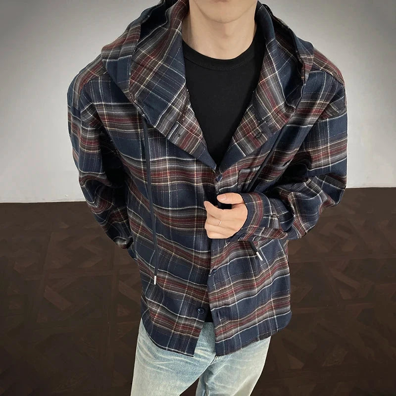 AIDASE  -  Men's Hooded Shirt Autumn Winter New Plaid Long Sleeve Single-breasted Design Fashion Versatile Loose Male Shirts 21E7421 aidase-shop